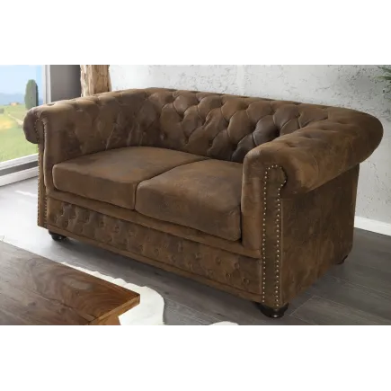 Canapé 2 places design chesterfield capitonné en simili cuir marron