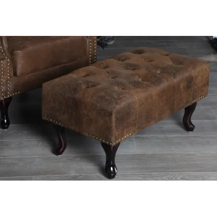 Pouf CHESTERFIELD marron antique en microfibre / bois massif