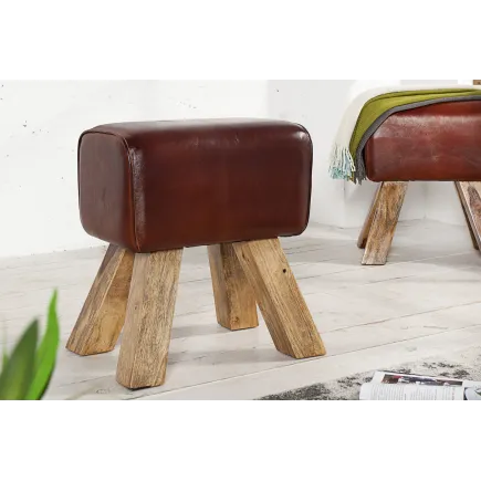 Tabouret design en bois revêtu en vrai cuir marron