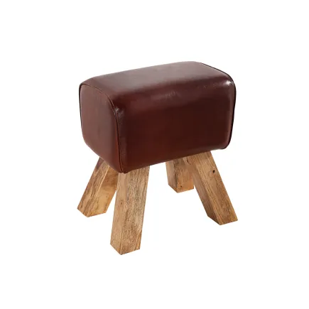 Tabouret design en bois revêtu en vrai cuir marron 2