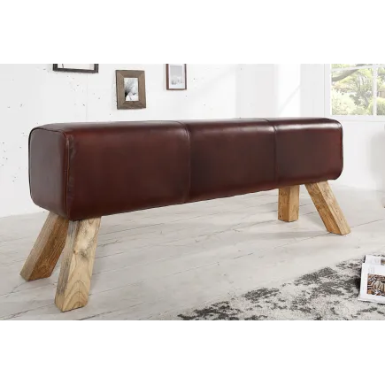 Banc 120 cm design en cuir marron avec piètement en bois massif