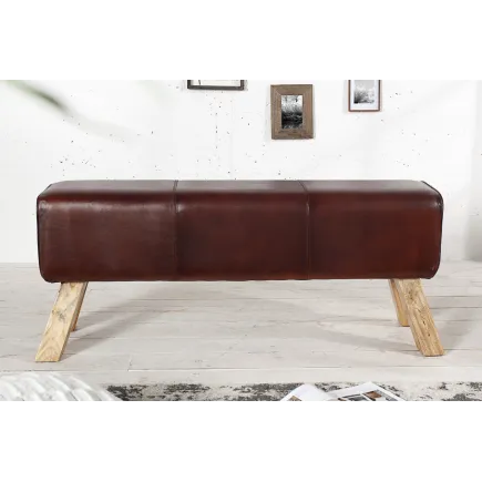 Banc 120 cm design en cuir marron avec piètement en bois massif 2