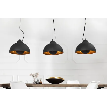 Barre de 3 lampes suspendues 20 cm hémisphéres coloris noir et doré