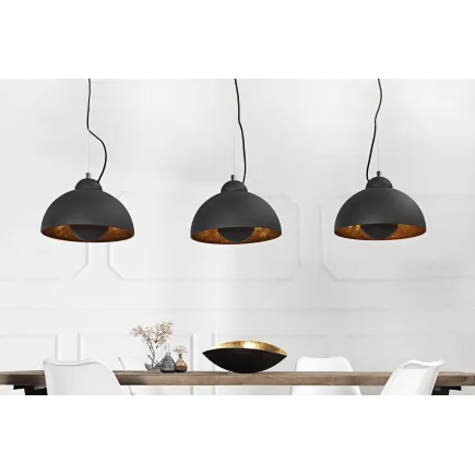 Barre de 3 lampes suspendues 20 cm hémisphéres coloris noir et doré 2