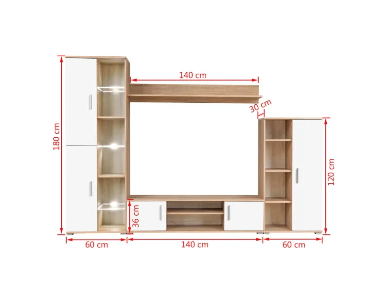 Ensemble Mural TV avec Lumière LED – Chêne Sonoma et Blanc – L260 cm – Salon & Séjour