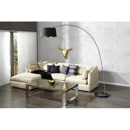 Lampadaire design en métal noir avec abat-jour noir et doré