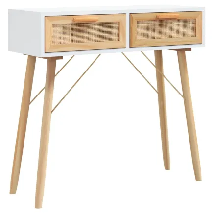 Table console Blanc 80x30x75 cm Bois massif pin /rotin naturel 2