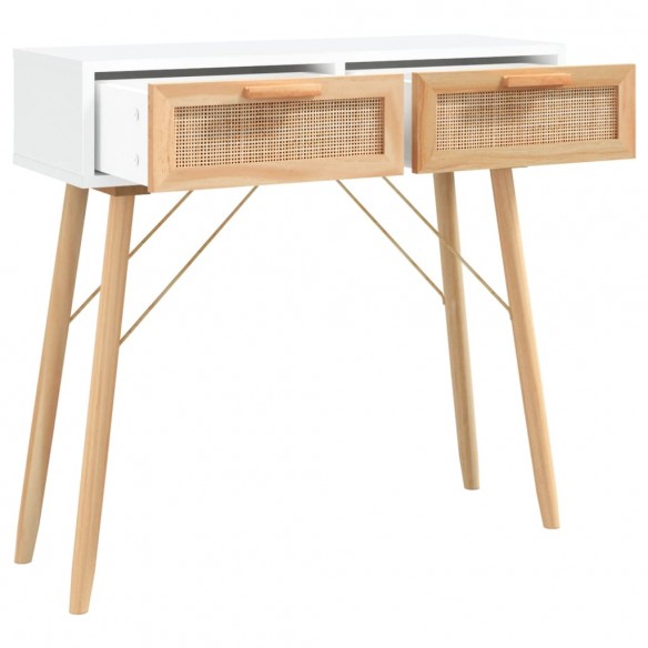 Table console Blanc 80x30x75 cm Bois massif pin /rotin naturel Table console Blanc 80x30x75 cm Bois massif pin /rotin naturel