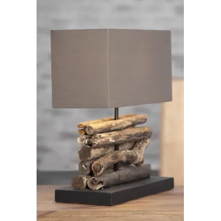 Lampe de 40cm en bois flotté et lin marron 2