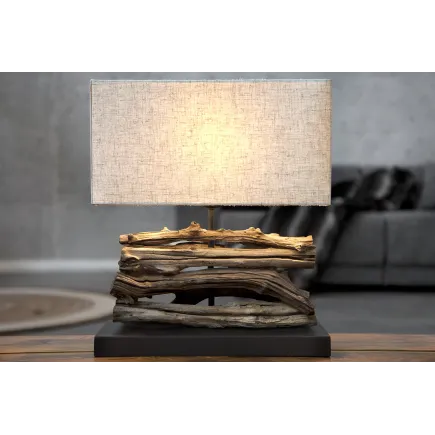 Lampe de 35cm en bois flotté et lin écrue