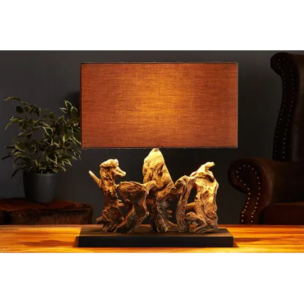 Lampe à poser  de 40cm en bois flotté et lin  brun