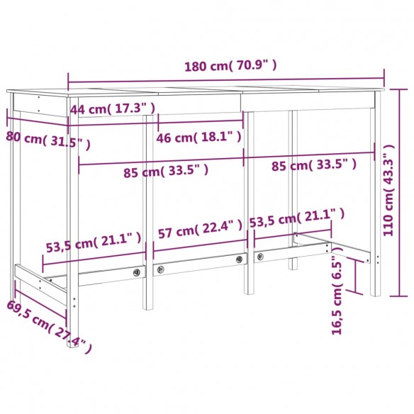 Table de bar 180x80x110 cm Bois massif de pin Table de bar 180x80x110 cm Bois massif de pin