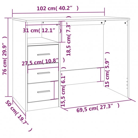 Bureau avec tiroirs Sonoma gris 102x50x76 cm 