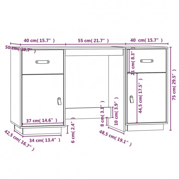 Bureau avec armoires Marron miel 135x50x75cm Bois massif de pin