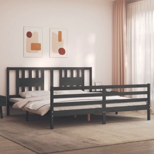 Lit avec tête de lit gris 200x200 cm bois massif