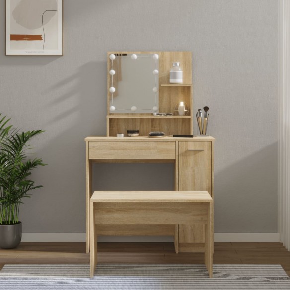 Ensemble de coiffeuse avec LED Chêne sonoma 