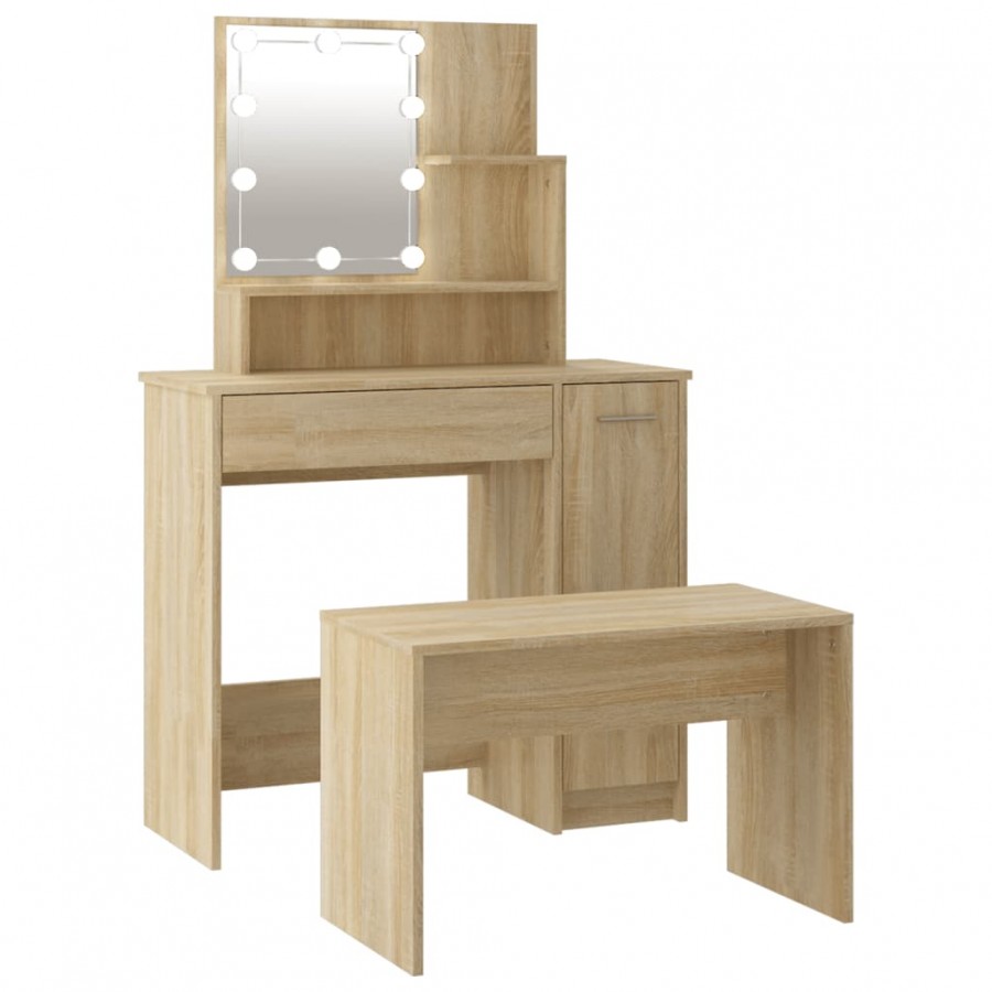 Ensemble de coiffeuse avec LED Chêne sonoma 