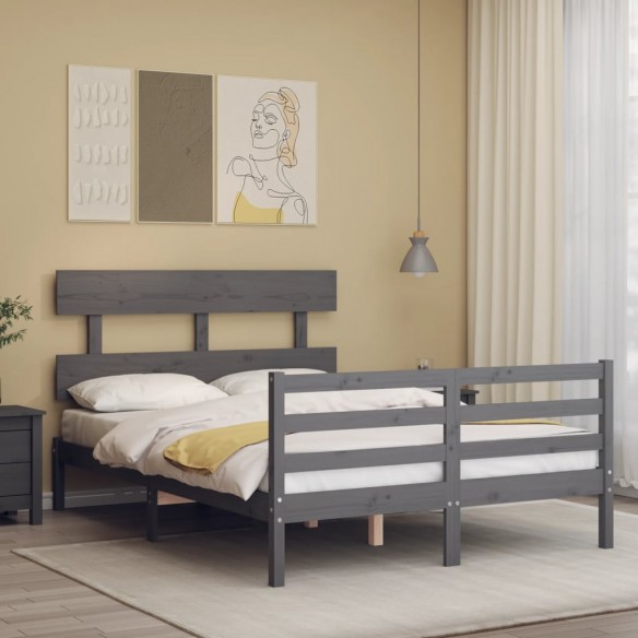Lit avec tête de lit gris 140x190 cm bois massif