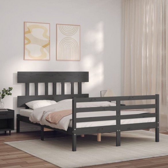 Lit avec tête de lit gris 140x190 cm bois massif