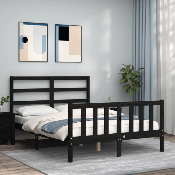 Lit avec tête de lit noir 140x190 cm bois massif