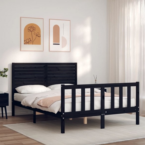 Lit avec tête de lit noir 140x190 cm bois massif