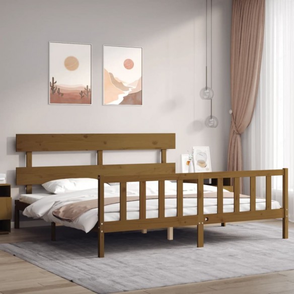 Lit avec tête de lit marron miel 200x200cm bois massif