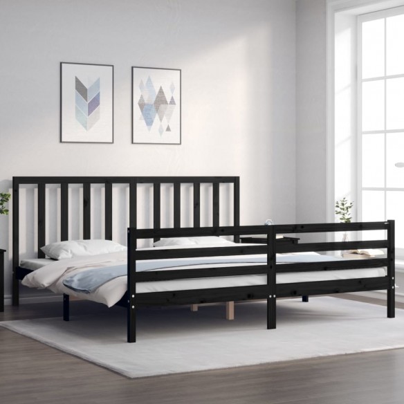 Lit avec tête de lit noir 200x200 cm bois massif