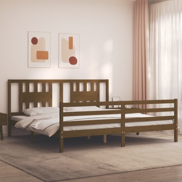 Lit avec tête de lit marron miel 200x200cm bois massif