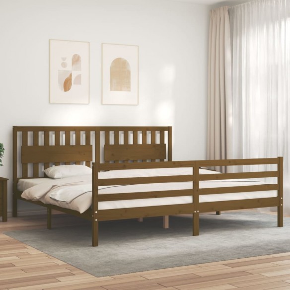 Lit avec tête de lit marron miel 200x200cm bois massif