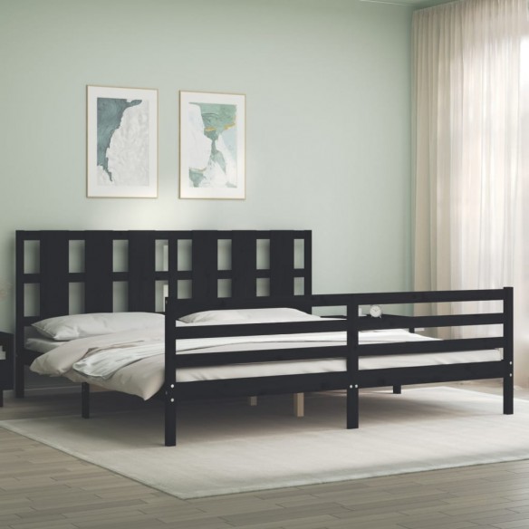 Lit avec tête de lit noir 200x200 cm bois massif