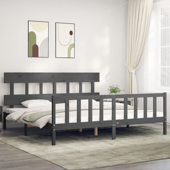 Lit avec tête de lit gris 200x200 cm bois massif