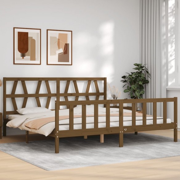 Lit avec tête de lit marron miel 200x200cm bois massif