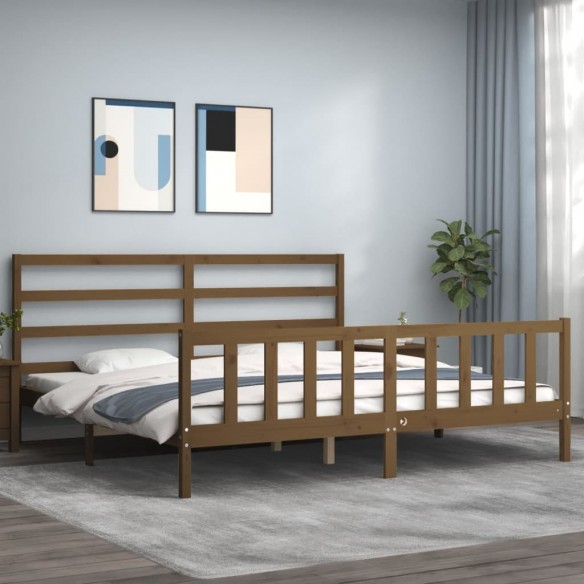 Lit avec tête de lit marron miel 200x200cm bois massif