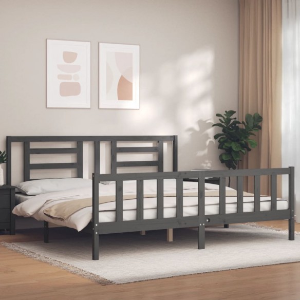 Lit avec tête de lit gris 200x200 cm bois massif