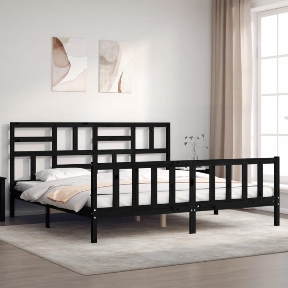 Lit avec tête de lit noir 200x200 cm bois massif