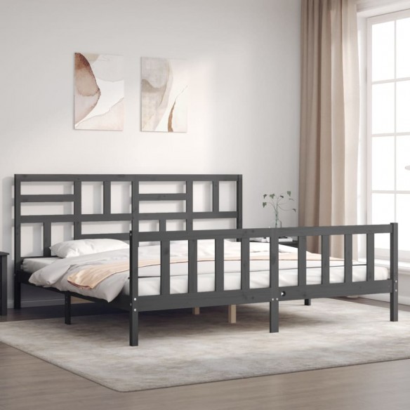 Lit avec tête de lit gris 200x200 cm bois massif