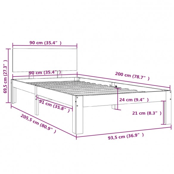 Lit Blanc Bois de pin massif 90x200 cm