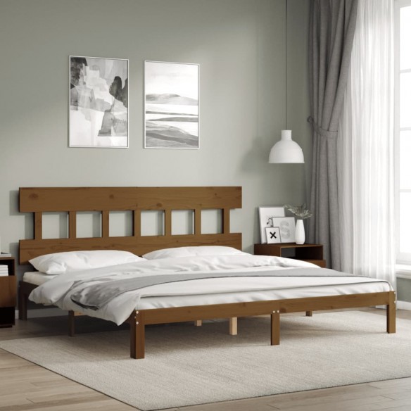 Lit avec tête de lit marron miel 200x200cm bois massif