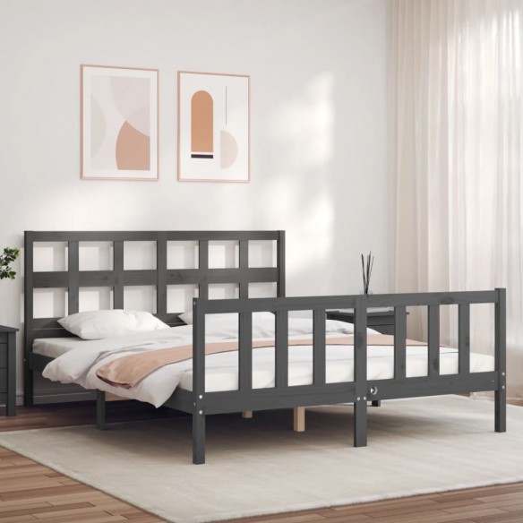 Lit avec tête de lit gris King Size bois massif