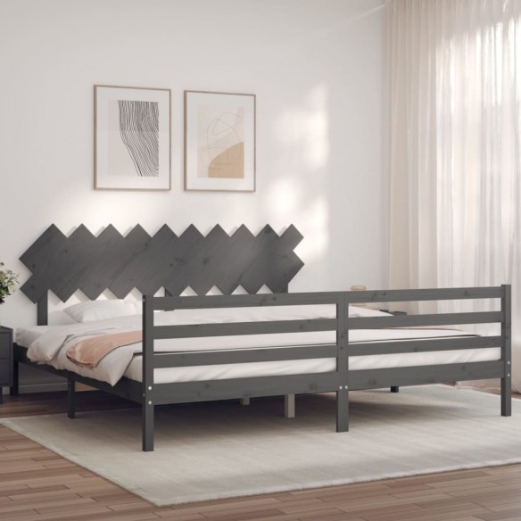Lit avec tête de lit gris 200x200 cm bois massif