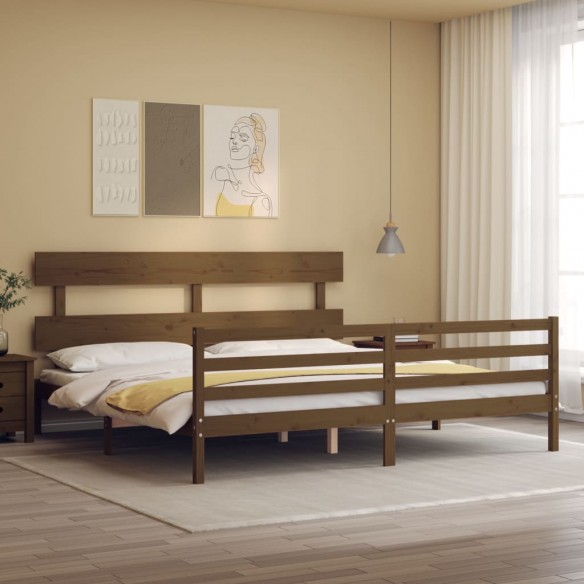 Lit avec tête de lit marron miel 200x200cm bois massif