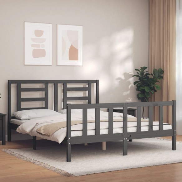 Lit avec tête de lit gris King Size bois massif