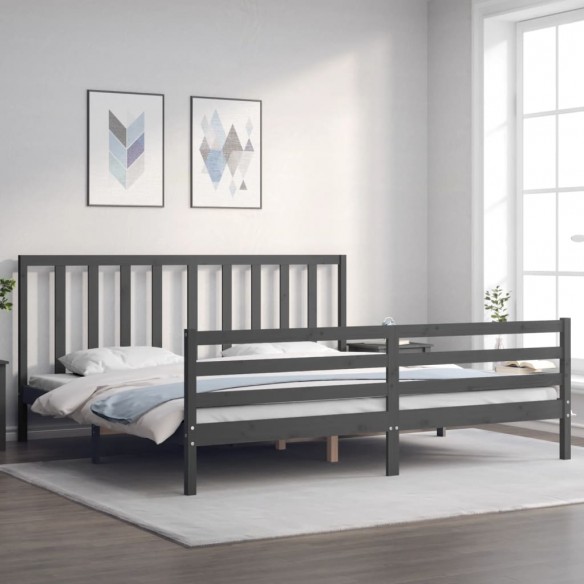 Lit avec tête de lit gris 200x200 cm bois massif