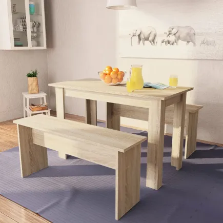 Table de salle à manger et bancs 3 pcs Aggloméré Chêne
