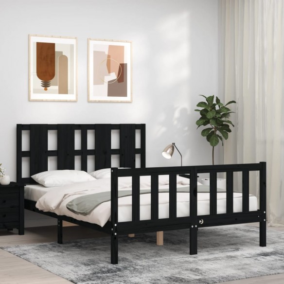 Lit avec tête de lit noir 140x190 cm bois massif