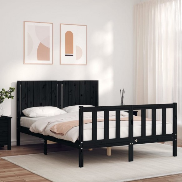 Lit avec tête de lit noir 140x190 cm bois massif