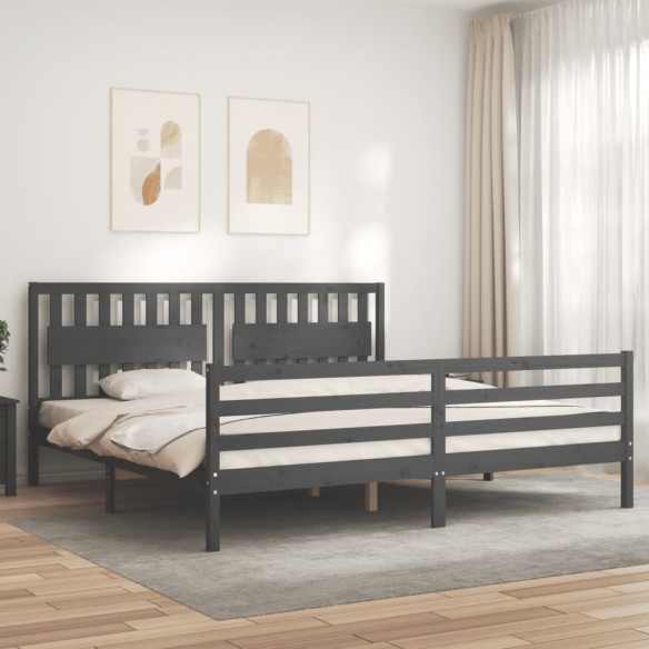 Lit avec tête de lit gris 200x200 cm bois massif