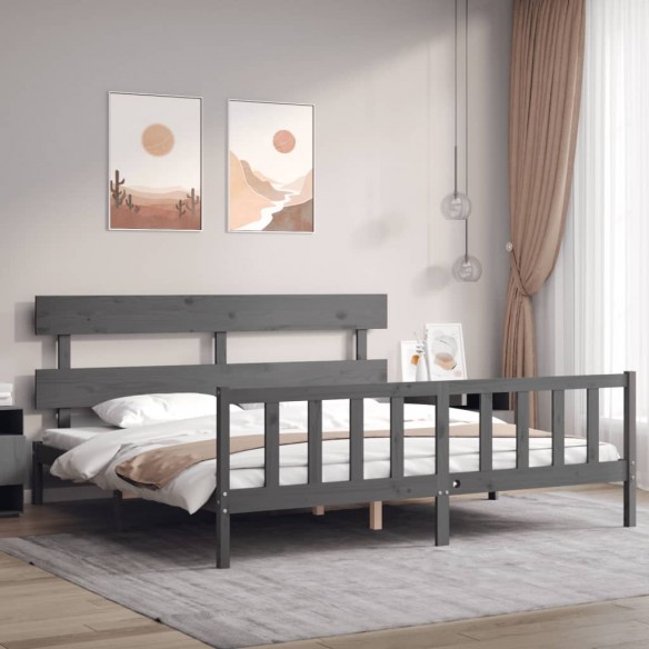 Lit avec tête de lit gris 200x200 cm bois massif