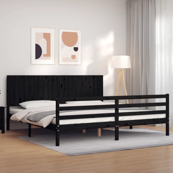 Lit avec tête de lit noir 200x200 cm bois massif