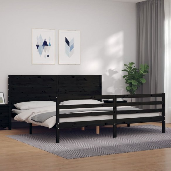 Lit avec tête de lit noir 200x200 cm bois massif